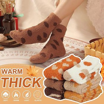 6 Pairs Women Fluffy Coral Fleece Bed Socks Warm Cosy Heart Dot Pattern Non Slip Thermal Lounge Socks Soft Winter Home Socks Multipack