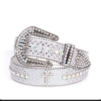 Y2K Bling Rhinestone Belt for Women Glitter Cross Studded Waist Strap Croc Texture Adjustable 105cm Dress Belt-White