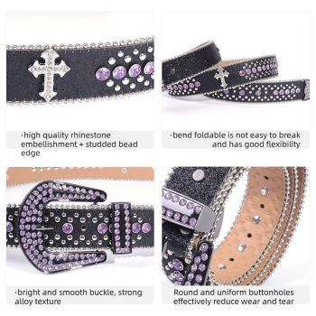 Y2K Bling Rhinestone Belt for Women Glitter Cross Studded Waist Strap Croc Texture Adjustable 135cm Dress Belt-Black-Purple