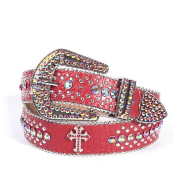 Y2K Bling Rhinestone Belt for Women Glitter Cross Studded Waist Strap Croc Texture Adjustable 105cm Dress Belt-Red