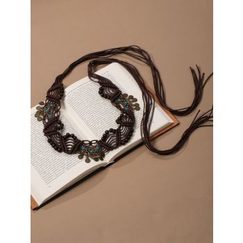 Boho Coin Turquoise Macrame Wide Waist Belt Hand Woven Fringe Drawstring Ethnic Dress Cincher Sash