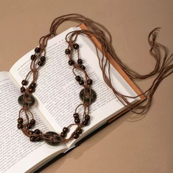 Ethnic Coin Wooden Bead Knotted Waist Belt Adjustable Drawstring Thin Boho Sash for Casual Dresses