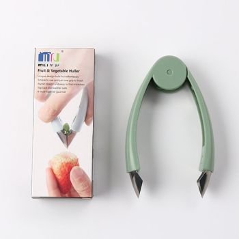 Stem Remover Tool for Strawberry, V Shape Fruit Huller Clip, Portable Berry Leaf Corer Picker for Kitchen-Green