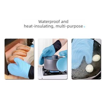 Heat Resistant Silicone Oven Mitts Non Slip Double Layer Cooking Baking Gloves For Kitchen BBQ-New Blue