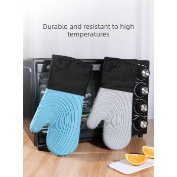 Heat Resistant Silicone Oven Mitts Non Slip Double Layer Cooking Baking Gloves For Kitchen BBQ-Gray