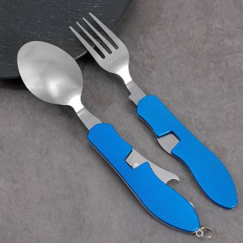 Folding Camping Cutlery Set, Multi Function Stainless Steel Spoon Fork Combo for Picnic Hiking Travel Backpacking-Blue