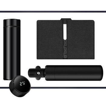Luxury Corporate Gift Set Temperature Display Bottle Auto Umbrella Notebook, Premium Business Office Gift Hamper, All Weather Practical Employee Client Present-black