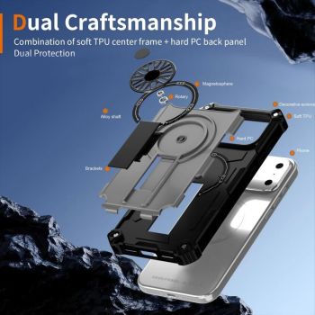 Armor Heavy Duty Magnetic Rotating Ring Kickstand Phone Case For iPhone 17 Pro, Anti-Drop Protective Cover In Silver