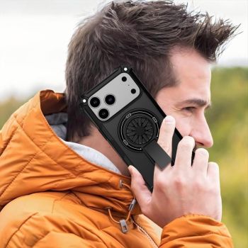Armor Heavy Duty Magnetic Rotating Ring Kickstand Phone Case For iPhone 17 Pro Max, Anti-Drop Protective Cover In Black