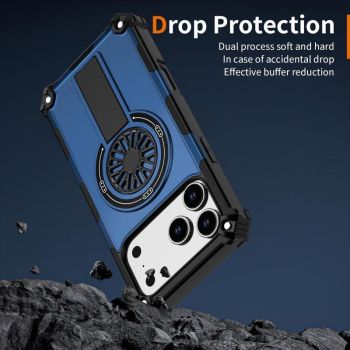 Armor Heavy Duty Magnetic Rotating Ring Kickstand Phone Case For iPhone 17 Pro Max, Anti-Drop Protective Cover In Blue
