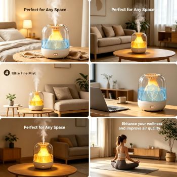 【900ML 3-in-1 Humidifier】 & Essential Oil Diffuser with Night Light, USB Powered Quiet Cool Mist Humidifier for Bedroom Office Home, Volcano Flame Effect Aromatherapy Humidifier, 36dB Low Noise, Large Capacity