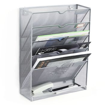 5 Tier Wall File Organizer Vertical Placement Glossy Edges Wall Mount File Holder with Hanging Hole for Office Silver