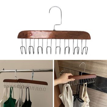 Multifunctional Hanger Punch Free with 8 Hooks Wood and Stainless Steel Cap Holder for Student Dormitory Dark Brown