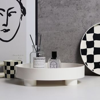 Round Storage Organizer Tray Checkerboard Design Plate Container Tray for Fruit Perfume Jewelry White, Large