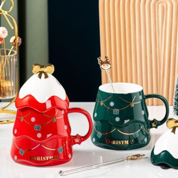 Christmas Mug Set with Cover and Spoon 500 ml Ceramic Mug for Mulled Wine Coffee Cocoa Christmas Mug Gift