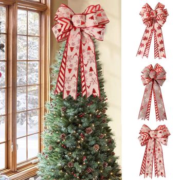 Christmas Double Layer Linen Bow Christmas Bowknot for Xmas Tree Decorations Maple Leaf Striped Snowflake Khaki Bow Decor