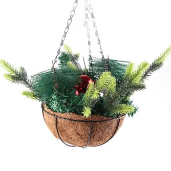 Artificial Christmas Hanging Basket Decorated with Pine Cones Ball Lights Christmas Holiday Decoration
