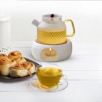 Teapot Warmer Porcelain Coffee Pot Heater Teapot Base with Cork Stand Tea Coffee Water Warmer