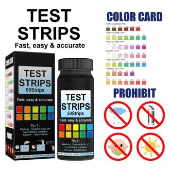 7 in 1 Swimming Pool Water Test Paper 50Pcs Water Quality Strips for Testing PH Chlorine Bromine Acidity Cyanide