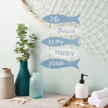 The Beach is My Happy Place Themed Wall Decor Nautical Flip Flop Wall Sign Vintage Hanging Ornament for Home Bathroom Decor