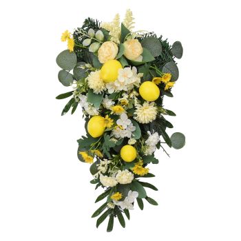Spring Lemon Wreath Artificial Lemon Teardrop Wreath with Peony Flowers Green Leaves Decorative Fruit Wreath