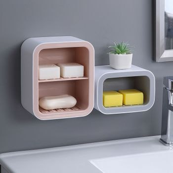 Wall Mount Soap Rack Drain Toilet Suction Disc Punch Free Box Student Dormitory Supplies Nordic 2 Layer Pink
