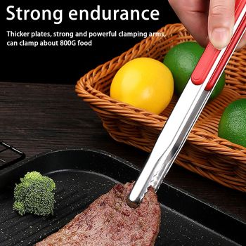 Kitchen Cooking Tong Stainless Steel Easy to Clean Teeth Mouth Steak Clip for BBQ Food 25.5cm Red