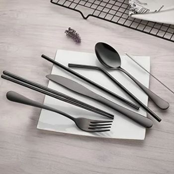 8 Pieces Stainless Steel Flatware Set Portable Travel Cutlery Set with Case Chopsticks Knife Fork Spoon Straws Cleaning Brush