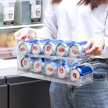 Double Layer Soda Can Organizer Automatic Rolling Transparent Beverage Can Storage Organizer for Refrigerator