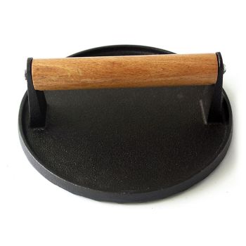 Squid Press Metal Round Patty Maker Meat Press Flattener Plate Barbecue Tool with Wood Handle for Outdoor Picnic