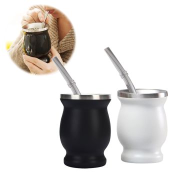 8oz 304 Stainless Steel Gourd Cup Double Layers Vacuum Insulation Cup with Straw Brush White