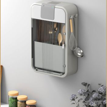Wall Mounted UV Chopsticks Cage Multifunction Chopstick Draining Cleaning Holder Hot Air Drying Kitchen Cutlery Storage Box Grey