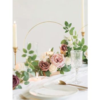 12in Metal Wreath Frame Floral Hoop Centerpiece with Wooden Stand DIY Wedding Floral Decoration Props
