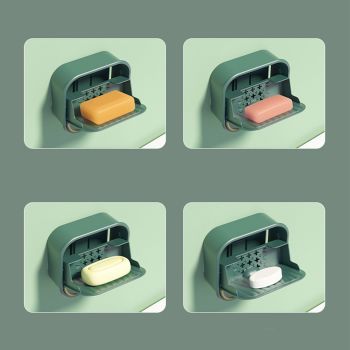 Home Soap Box Non Perforated Wall Mounted Draining Soap Box Flip Cover Bathroom Soap Box Dark Green