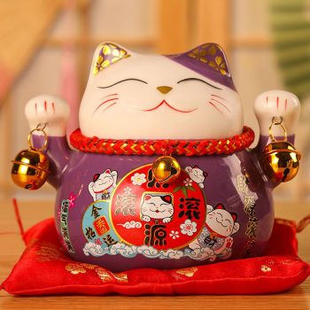 Lucky Cat Coin Bank 4.5in Exquisite Cute Bring Luck Good Wish Ceramic Fortune Cat Saving Pot Desk Decoration Purple