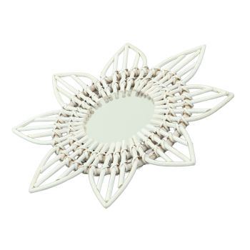 Rattan Wall Mirror White Flower Shape Rustic Vintage High Polished Glass Decorative Mirror for Entryway Bedroom Bathroom
