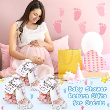 24 Sets Baby Footprint Keychain Party Favors with Organza Bags Thank Tags Rope for Baby Shower Party