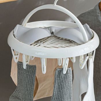 Round Drying Rack Clothes Hanger Plastic Round Laundry Hanger with Clips for Socks Underwear White