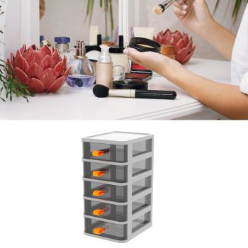 Drawer Type Desktop Storage Box Transparent Desktop Stationery Organizer with Orange Handle 5 Layer White 13.4x17x28cm