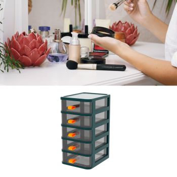 Drawer Type Desktop Storage Box Transparent Desktop Stationery Organizer with Orange Handle 5 Layer Green 13.4x17x28cm