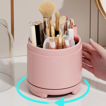 Makeup Brush Storage Container 360 Degree Rotating Dust Prevention Transparent Lid Large Capacity Makeup Brush Holder Pink