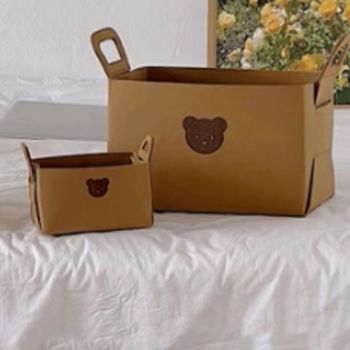 Felt Storage Basket with Handles Foldable Laundry Snacks Toys Clothes Bin for Home Desktop Bear Pattern Reddish Brown