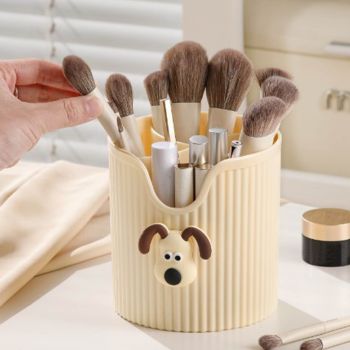 Desk Pencil Pen Holder 4 Compartments Large Capacity Cute School Supplies Makeup Brush Organizer Milky Yellow Dog Head