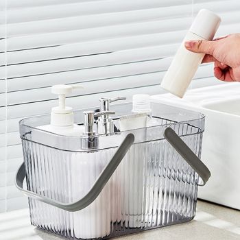 Bath Organizer Basket Stylish Clear Stripe Large Capacity Shower Storage Organizer with Handle for Bathroom Grey