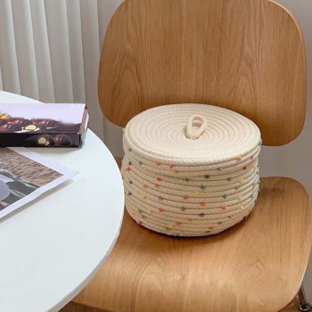 Cotton Rope Basket Woven Storage Box Round Colorful Decorative Dots Large Capacity with Lid for Laundry Towel Toy Eggs Small Items