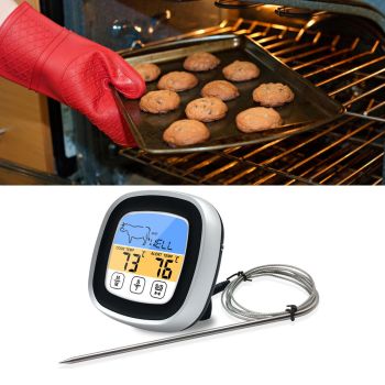Digital Timer Thermometer Touch Screen Stainless Steel Meat Thermometer for Kitchen BBQ Black
