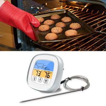 Digital Timer Thermometer Touch Screen Stainless Steel Meat Thermometer for Kitchen BBQ White