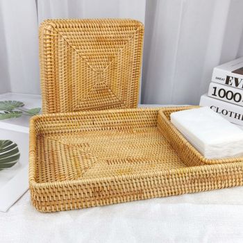 Rattan Tray Tabletop Organization Hand Woven Snack Storage Basket Multifunctional Serving Tray 3 Pcs Set