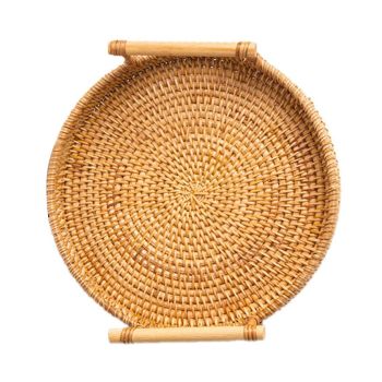 Hand Woven Round Rattan Serving Tray Bread Fruit Dessert Snack Basket with Handles Diameter 24cm Height 3cm