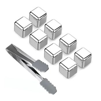 8PCS Metal Ice Cubes 304 Stainless Steel with Ice Tongs Widely Used Whiskey Stones for Chilling Whiskey Beverage